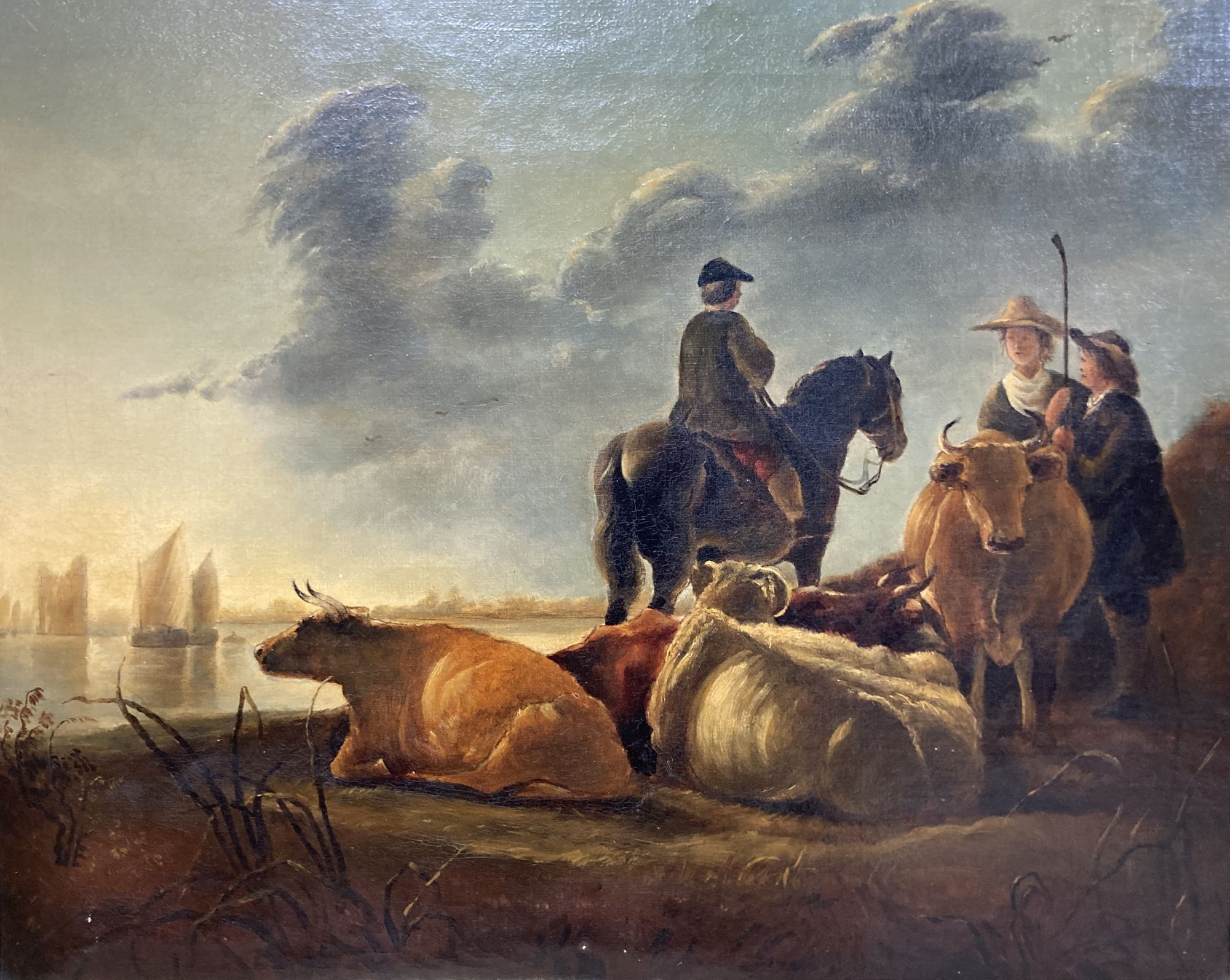 Follower of Aelbert Jacobsz Cuyp, oil on canvas, Cattle and drover by a river estuary, 40 x 50cm